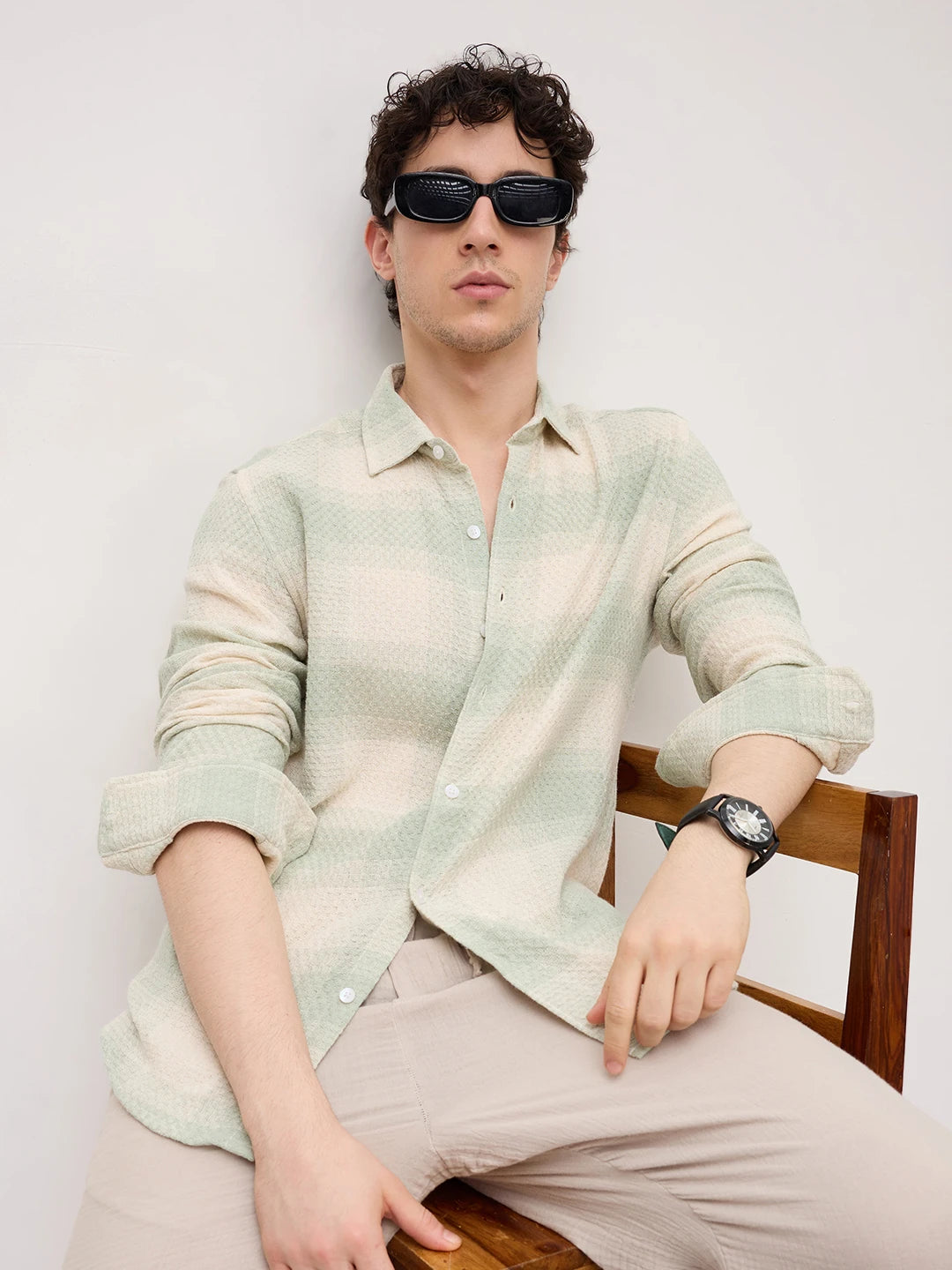Soft Sage Honeycomb Grid Weave Shirt