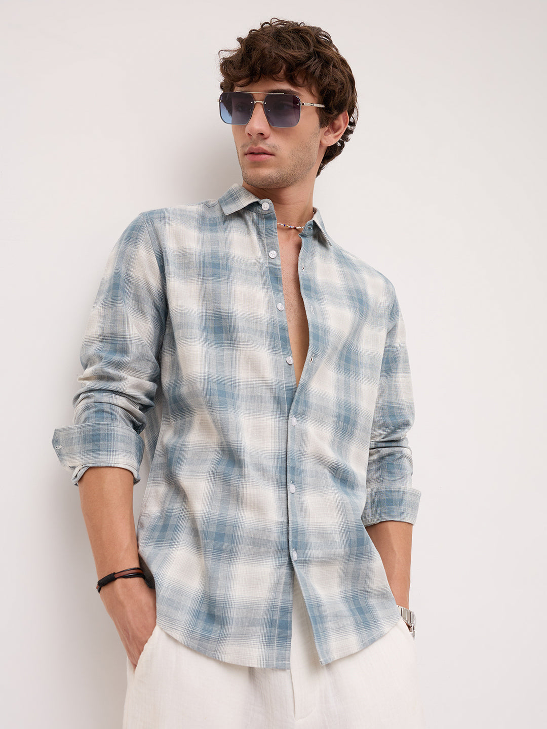 Premium Slate Blue & White Linen Blend Plaid Checks Shirt