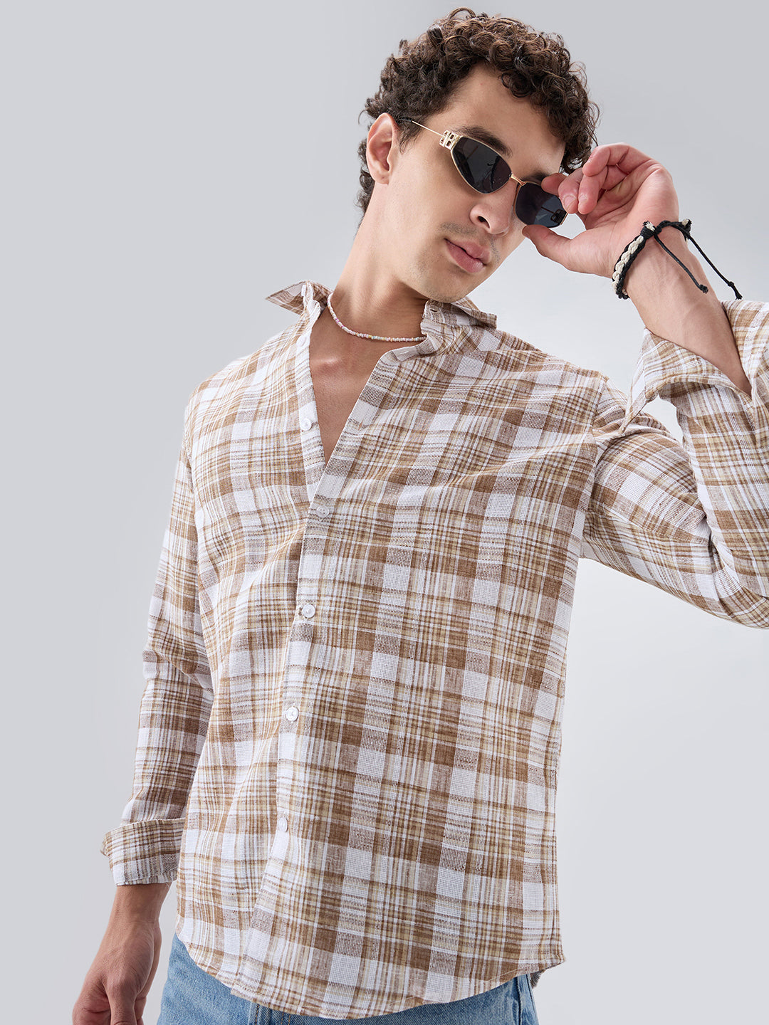 Walnut Brown Plaid Checks Textured Shirt
