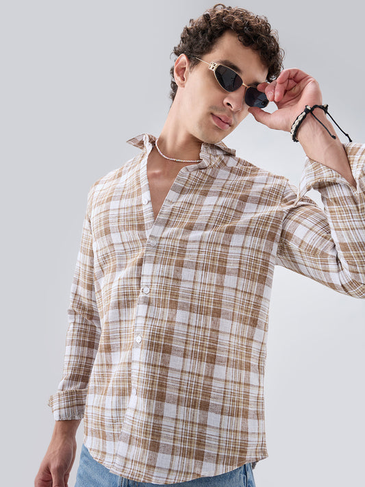Walnut Brown Plaid Checks Textured Shirt