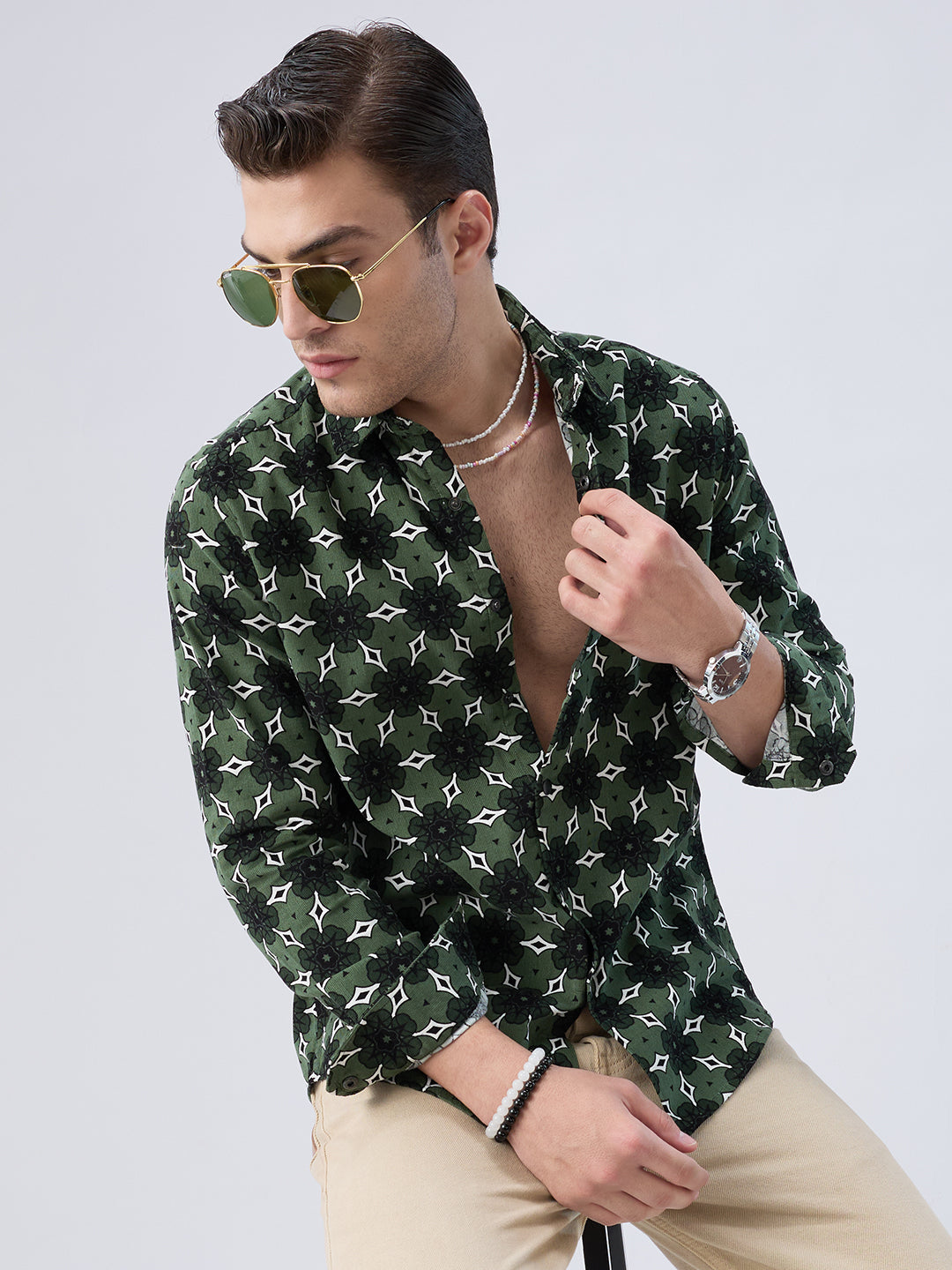 Emerald Green Floral Bloom Corduroy Shirt