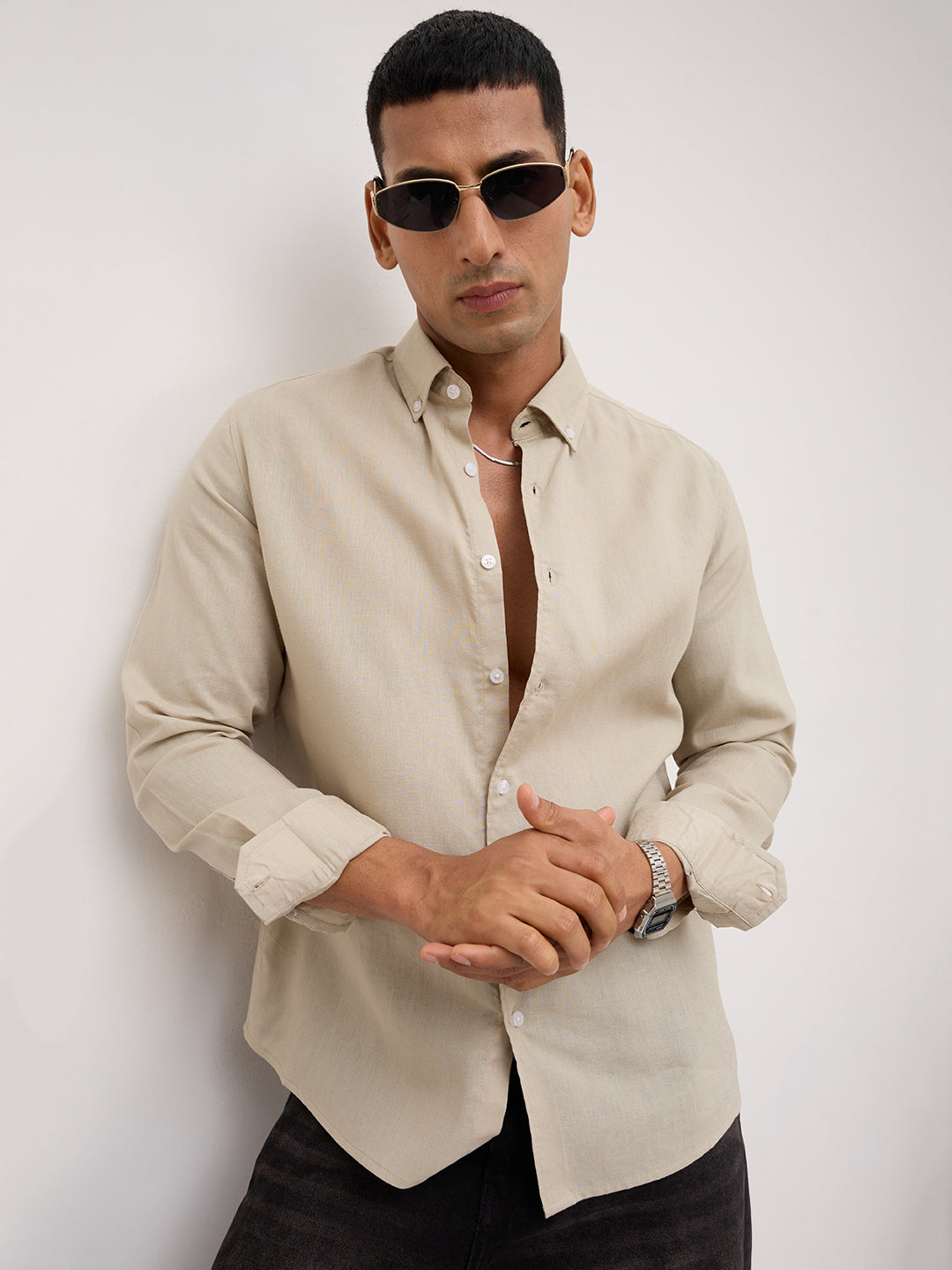 Luxe Laurel Green Button-Down Collar Linen Blend Shirt