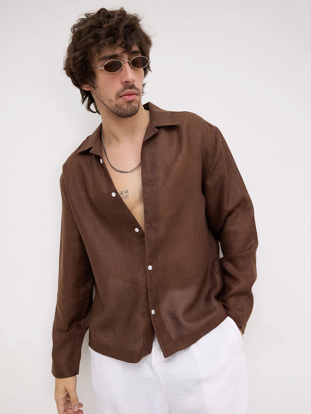 Coffee Brown Fine Textured Notch Collar Oversized Shirt