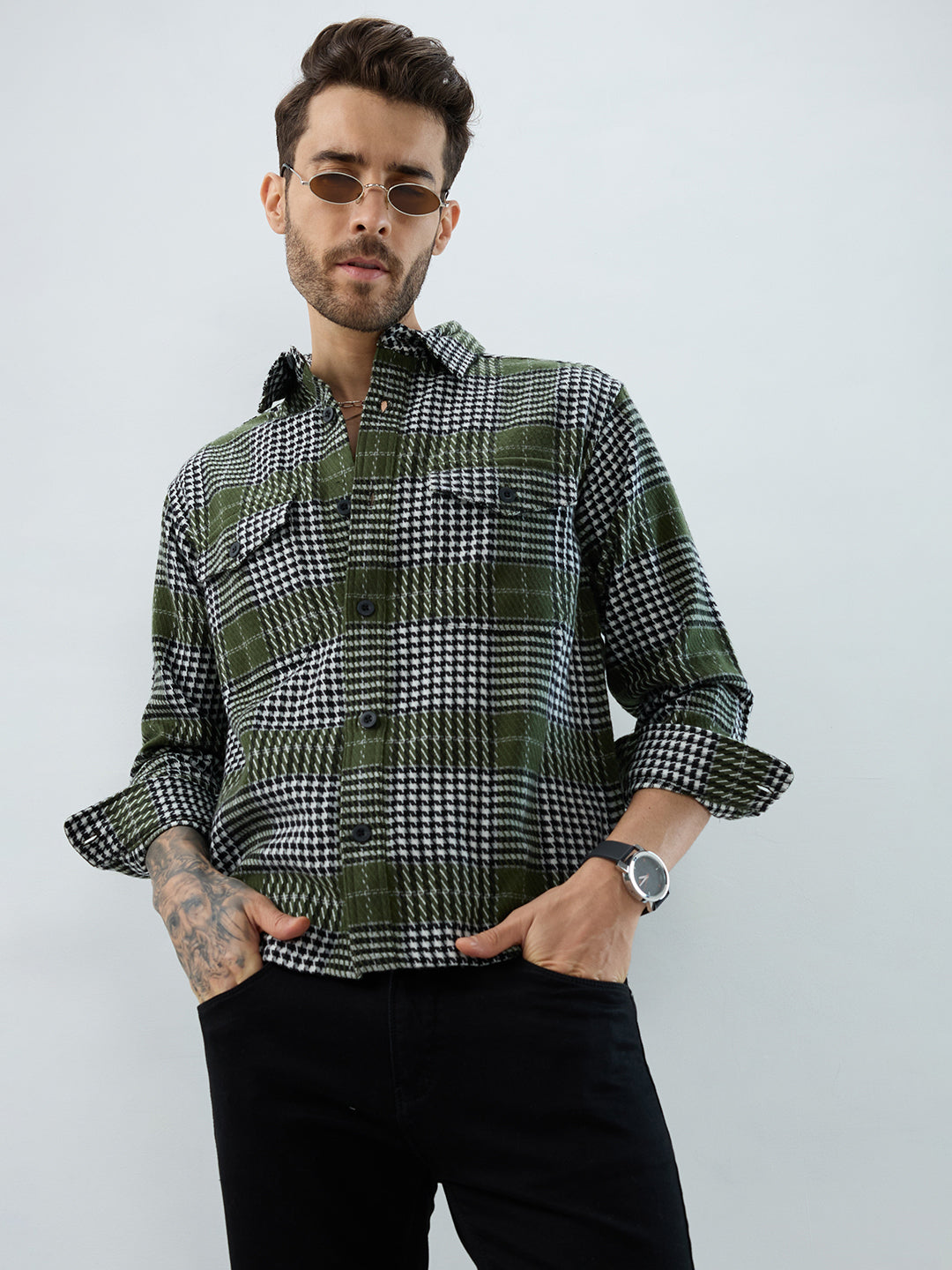 Olive Houndstooth Checkmate Twin Pocket Flannel Shirt