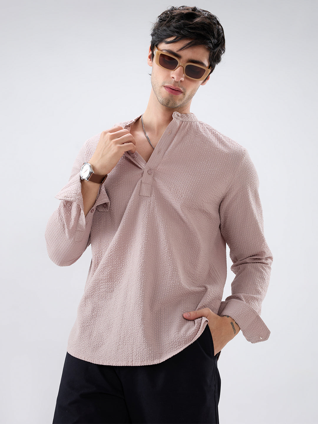 Taupe Beige Seersucker Striped Kurta