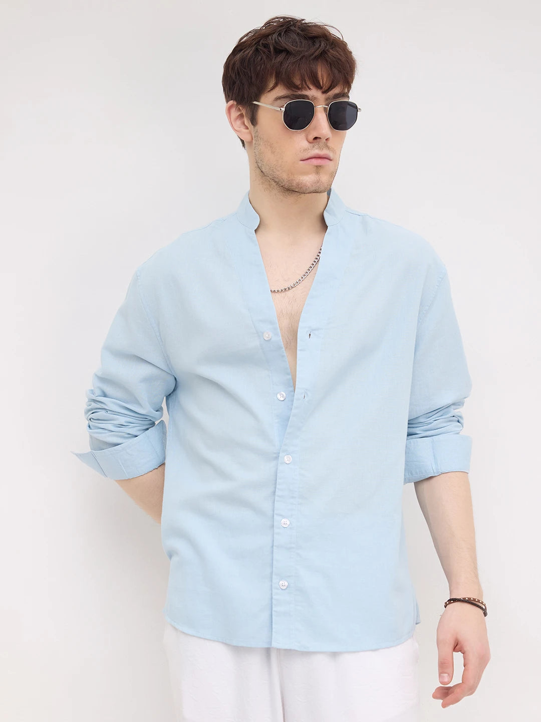 Rich Moring Blues Linen Blend Stand Collar Oversized Shirt