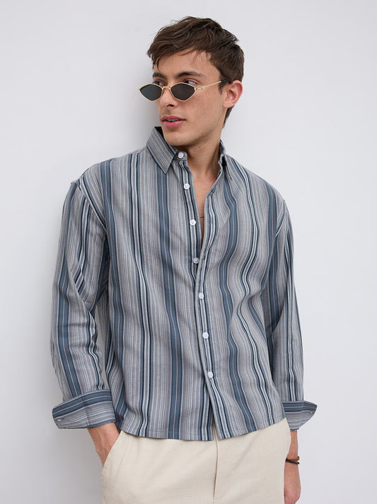 Slate Blue Multi Striped Boxy Fit Crop Shirt
