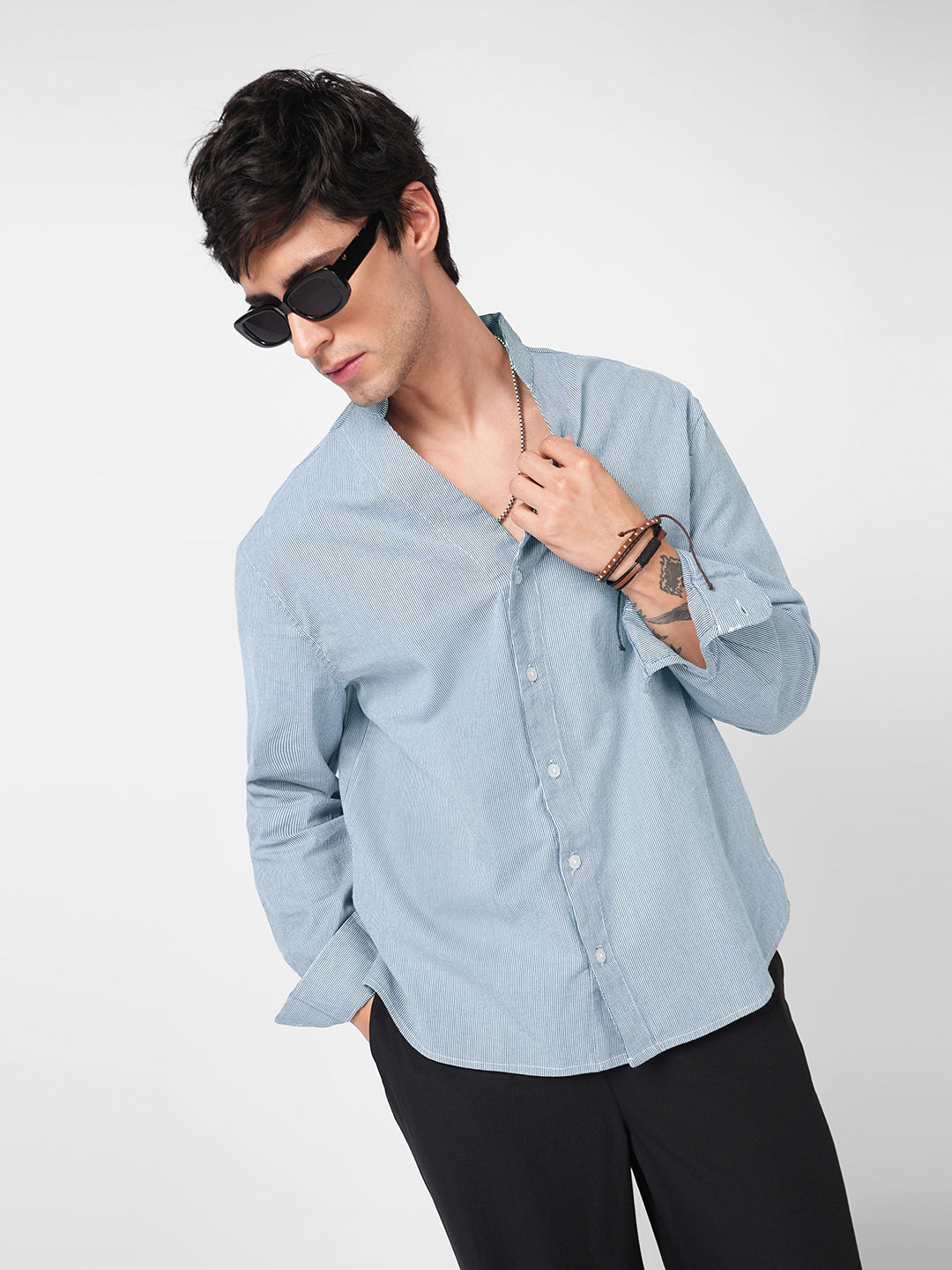 Navy & White Pinstripe Stand Collar Oversized Shirt