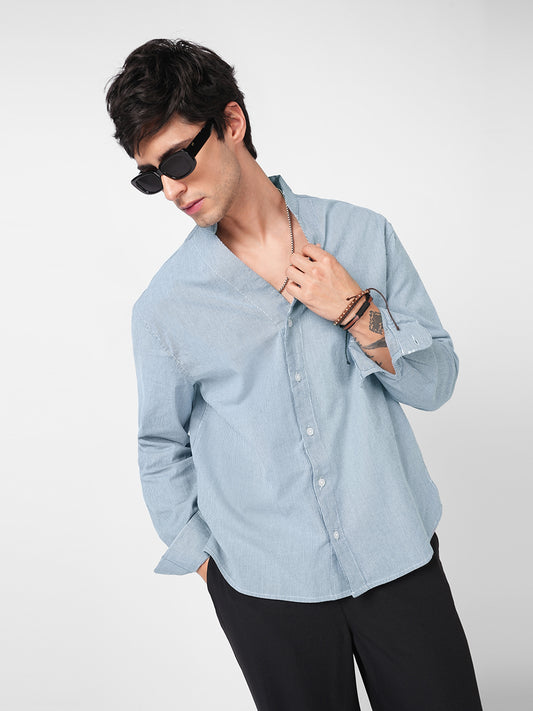 Navy & White Pinstripe Stand Collar Oversized Shirt