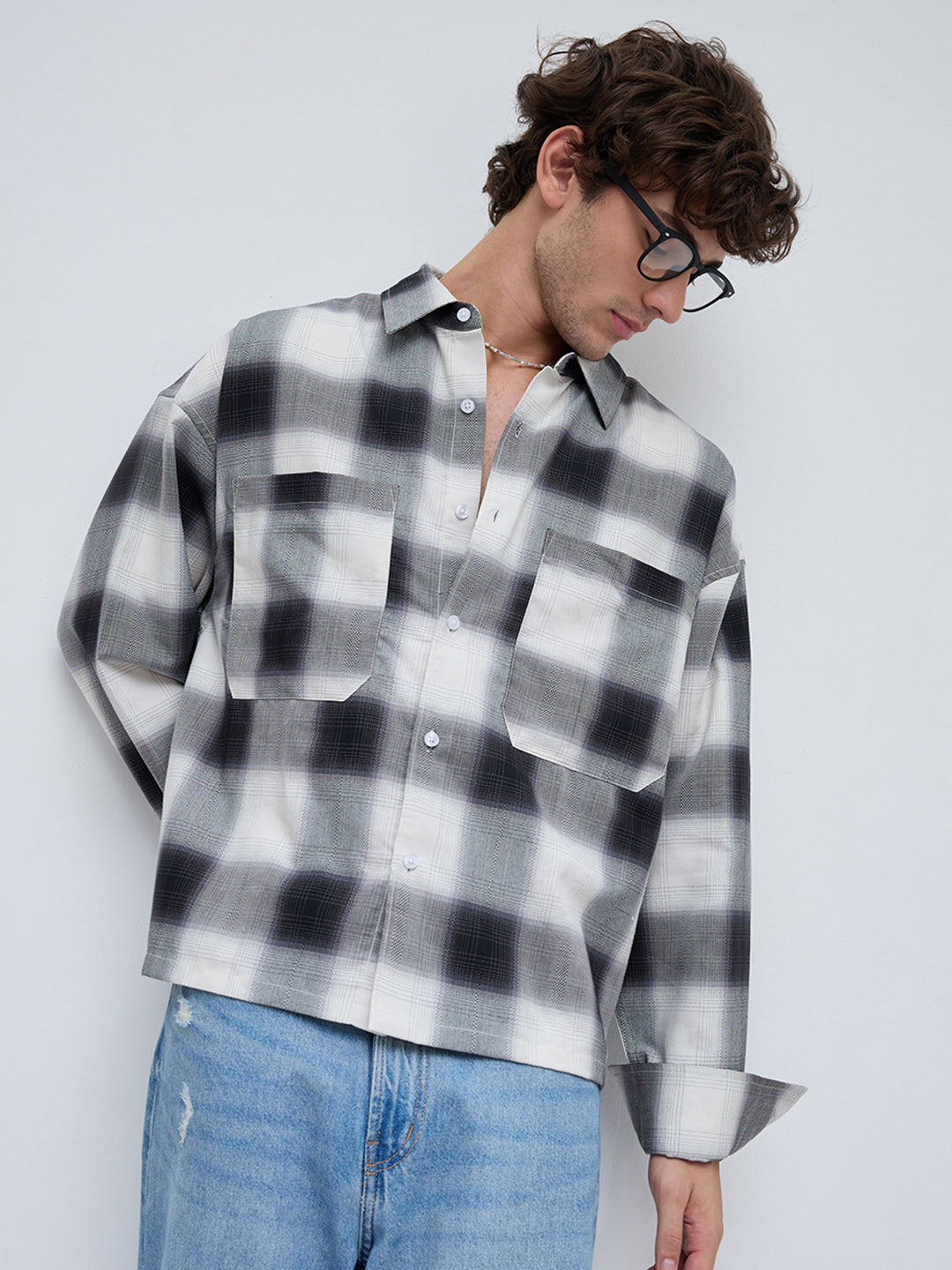 Monochrome Bold Grid Boxy Fit Crop Utility Shirt