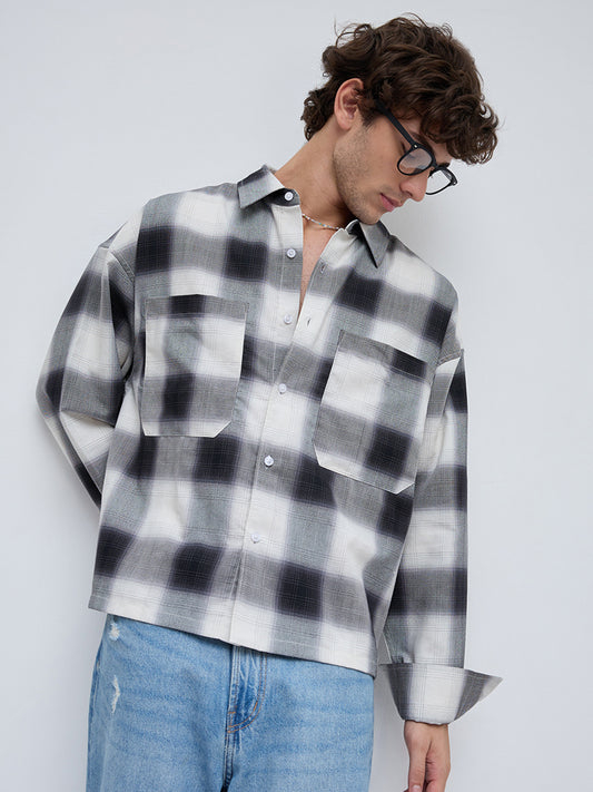 Monochrome Bold Grid Boxy Fit Crop Utility Shirt