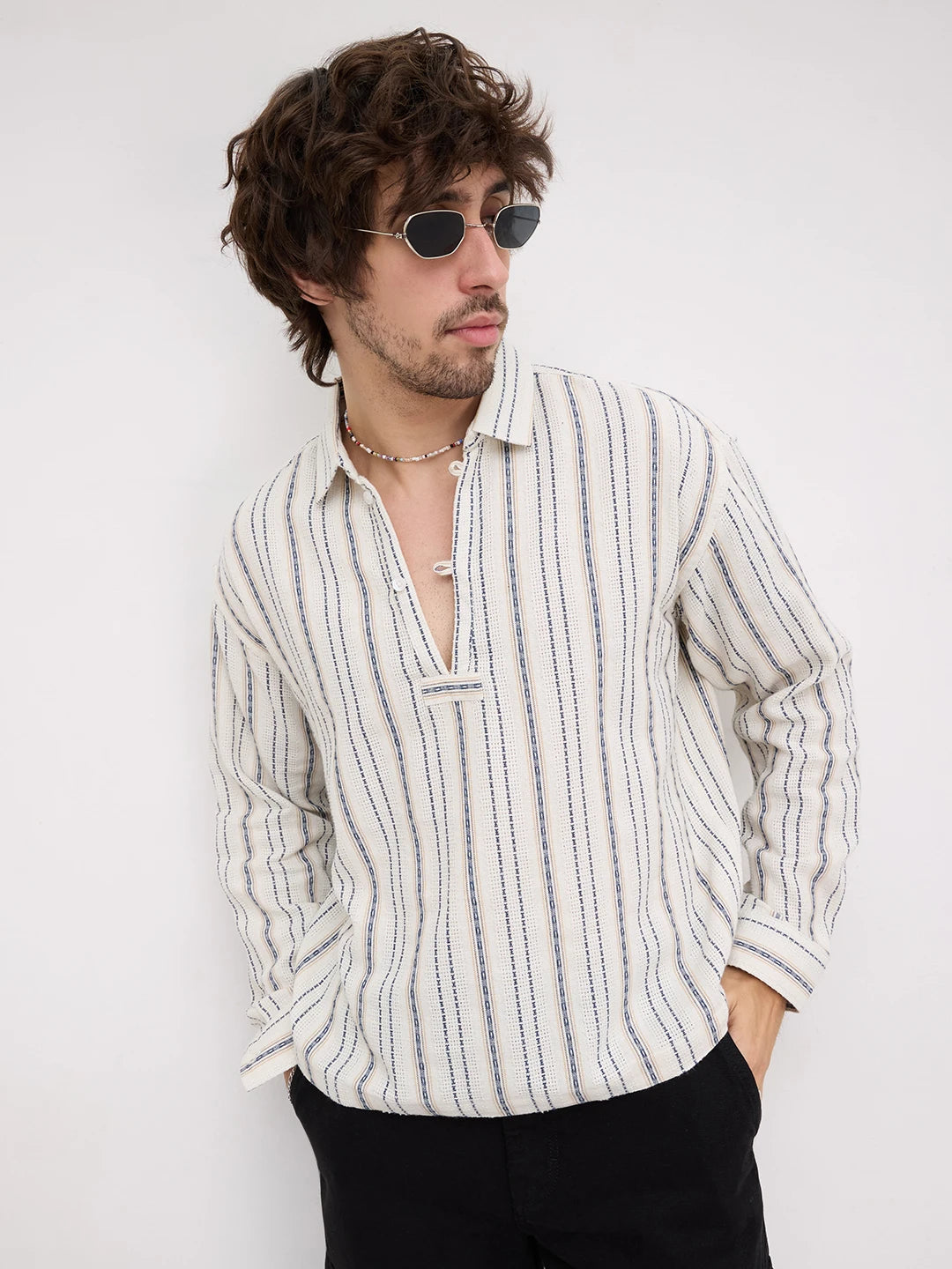 Premium Ivory Nomad Striped Threadwork Loop Button Oversized Shirt