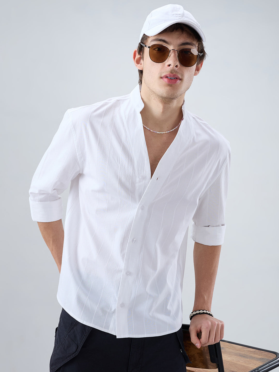 Snow White Panel Textured Stand Collar Oversized Shirt