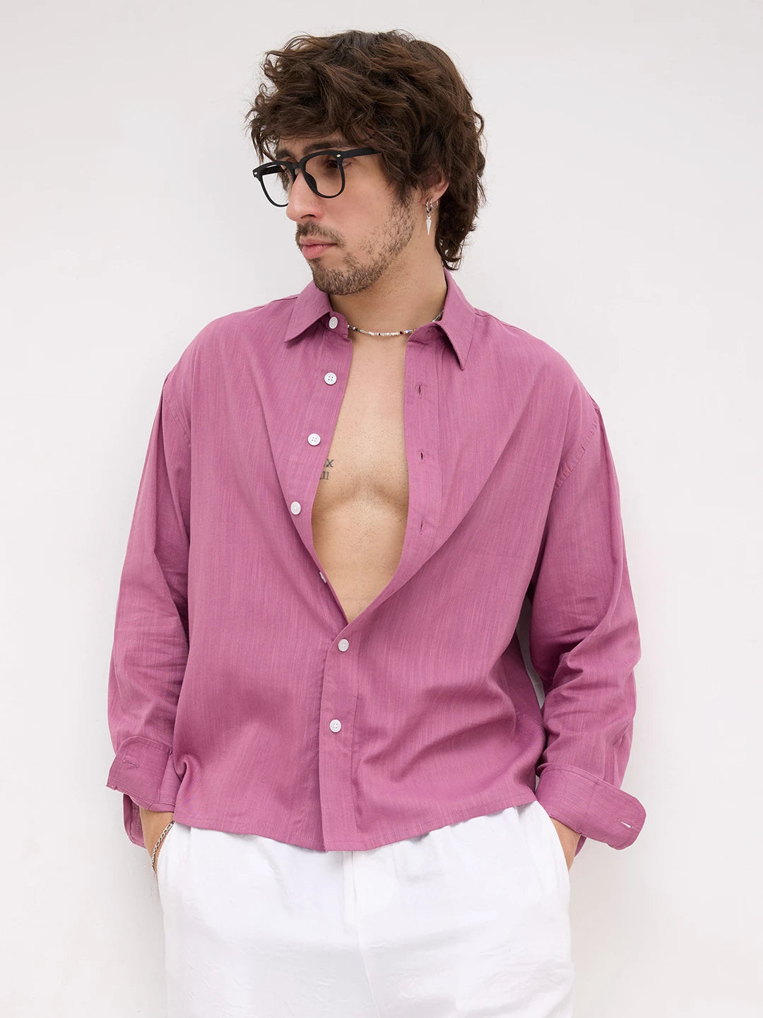 Turkish Rose Pink Fine Textured Boxy Fit Crop Shirt