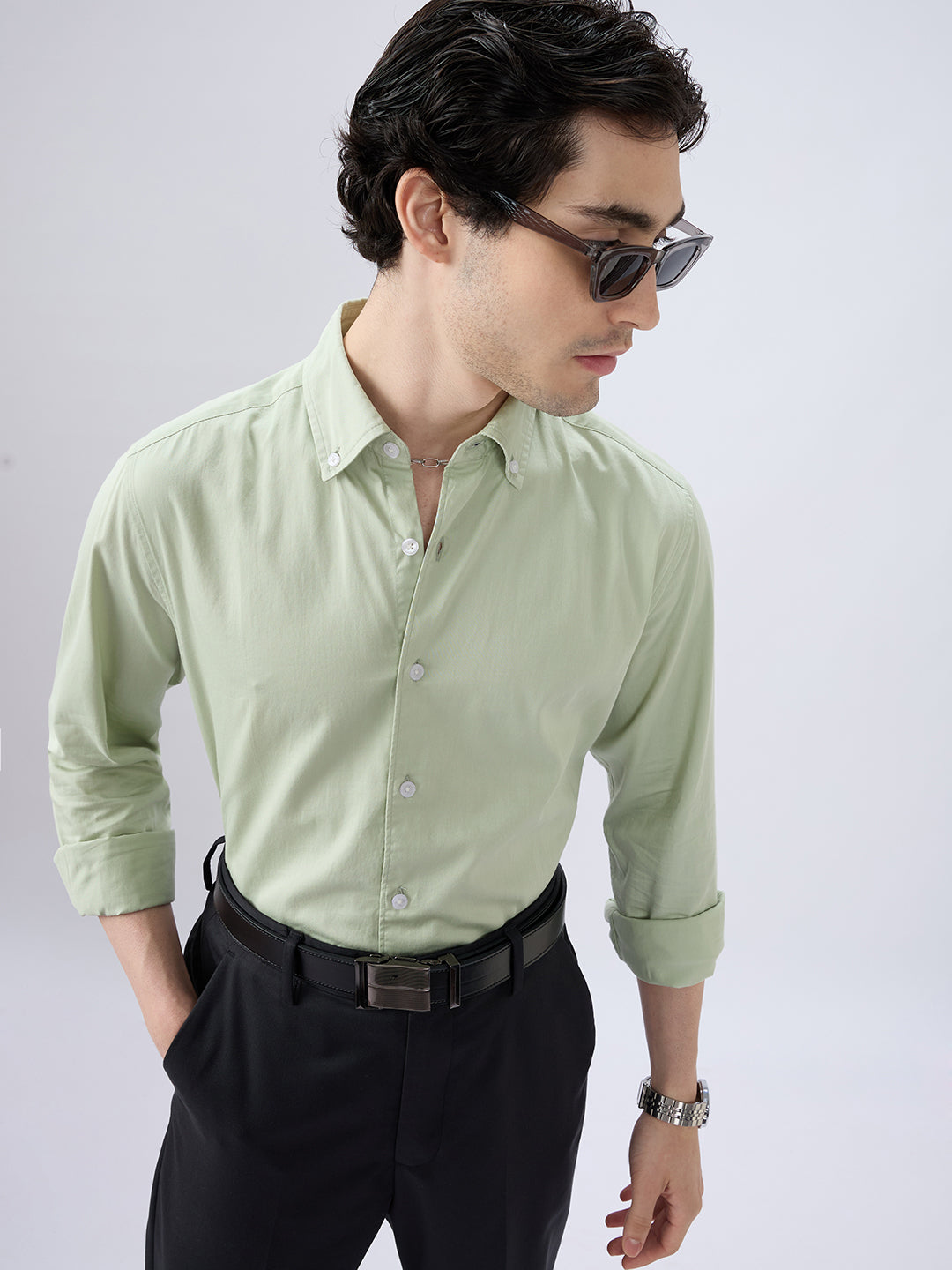 Tea Green Button-Down Collar Satin Shirt