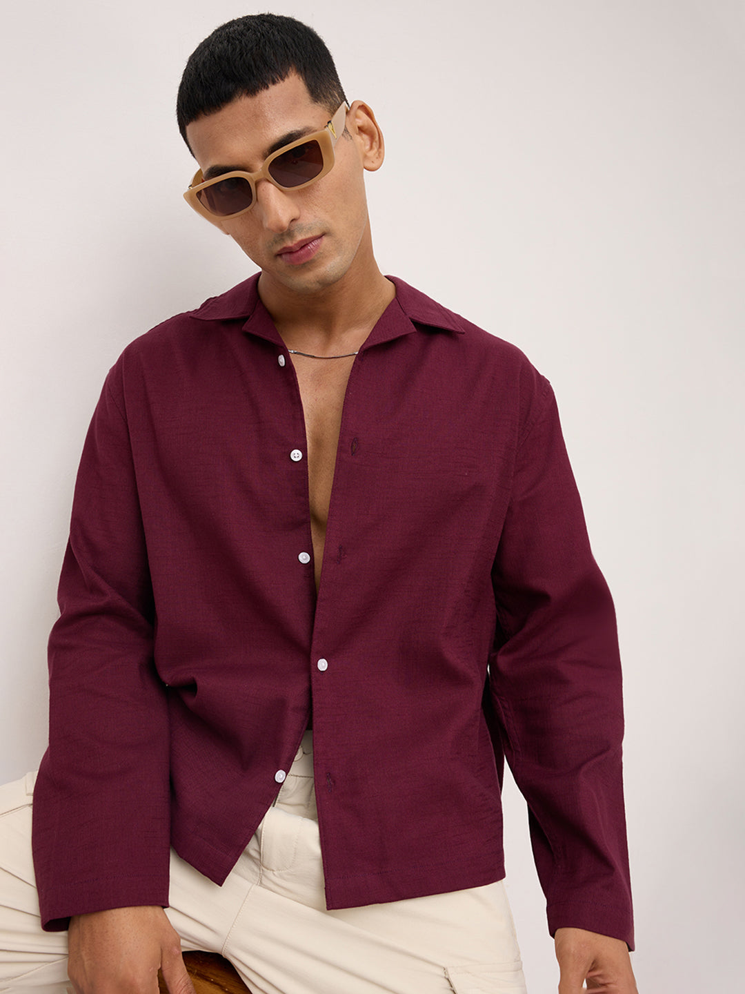 Maroon Fine Sheer Slub Textured Oversized Resort Collar Shirt