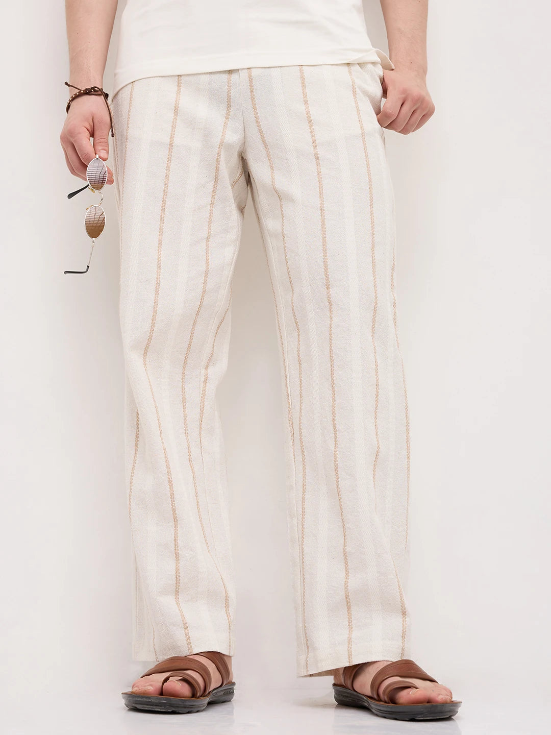 Burlap Beige Artisan Striped Straight Fit Trousers