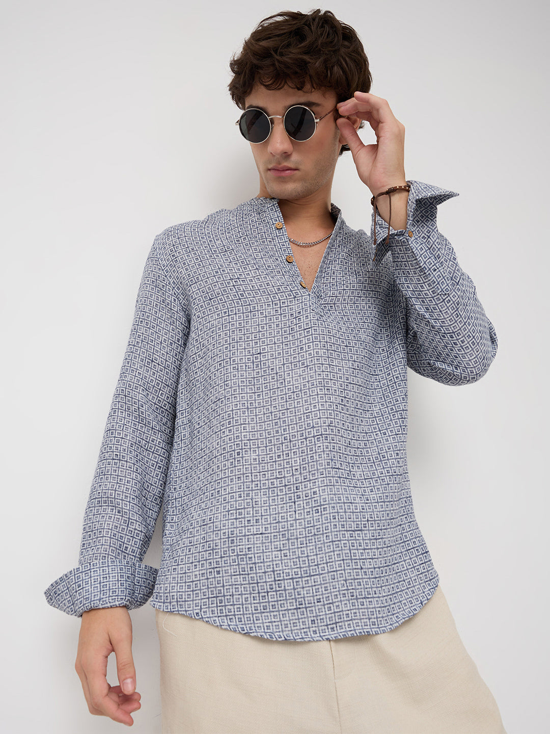 Navy Geometric Maze Textured Kurta