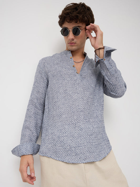 Navy Geometric Maze Textured Kurta
