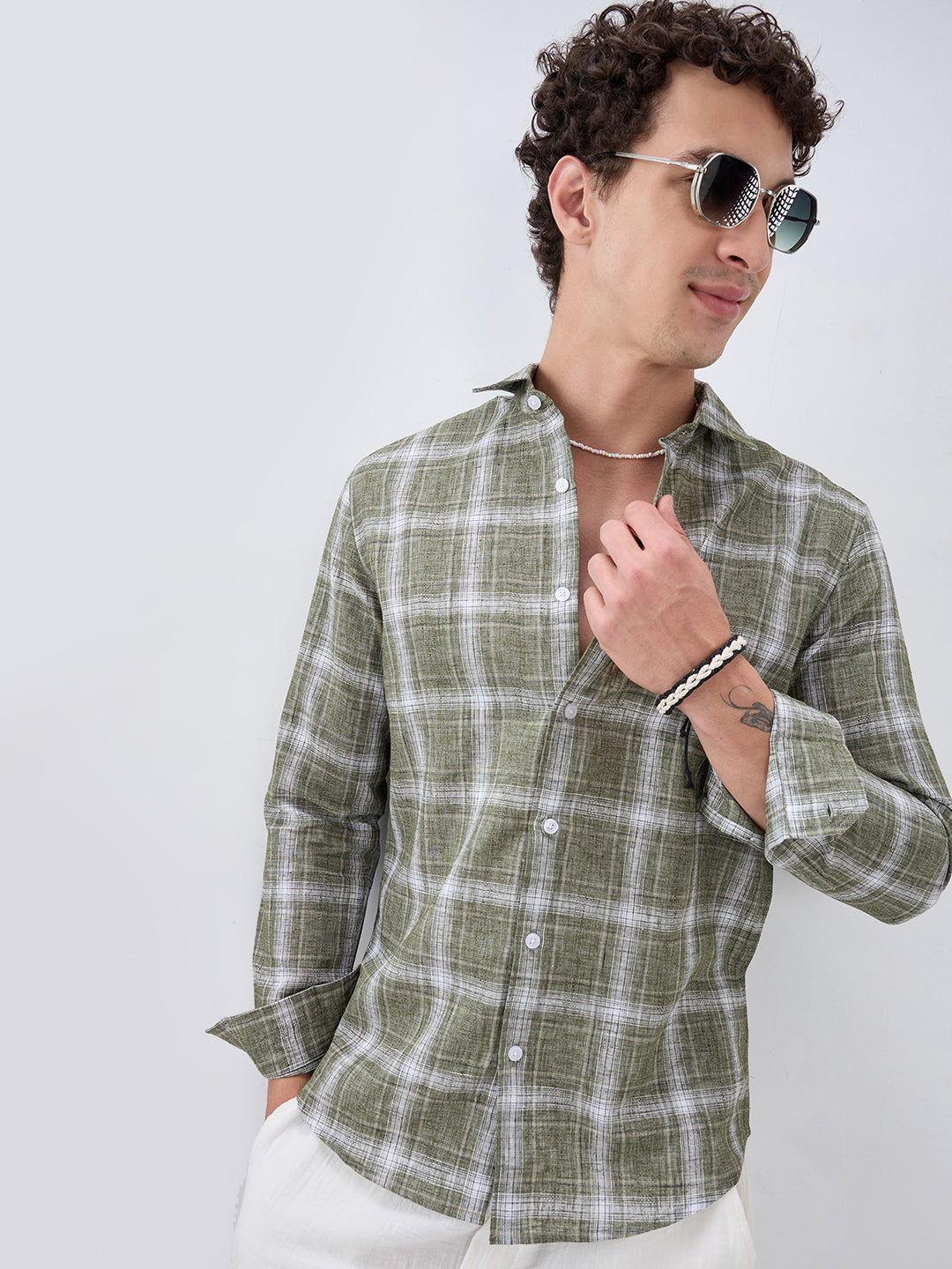 Olive Abstract Grid Checks Textured Shirt