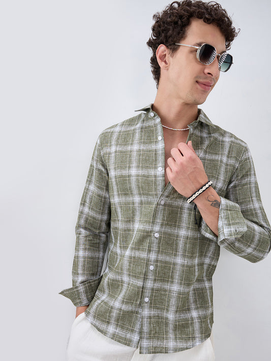 Olive Abstract Grid Checks Textured Shirt
