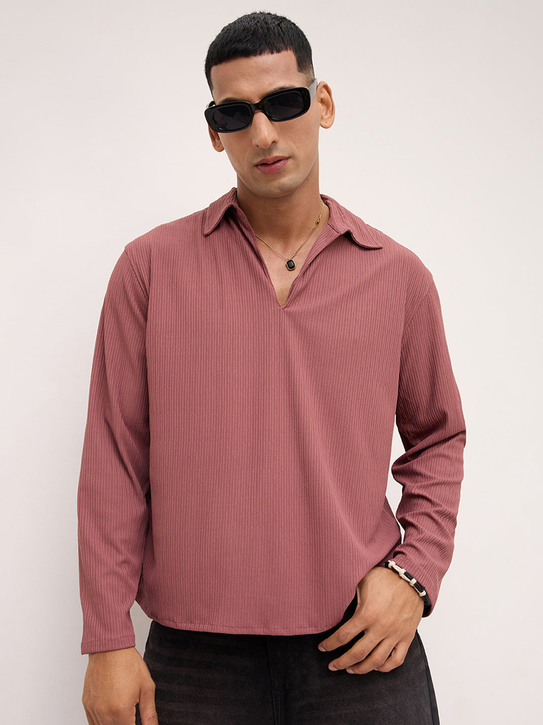 Cordovan Maroon Striped Oversized Polo Knit Shirt