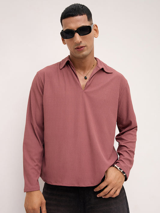 Cordovan Maroon Striped Oversized Polo Knit Shirt