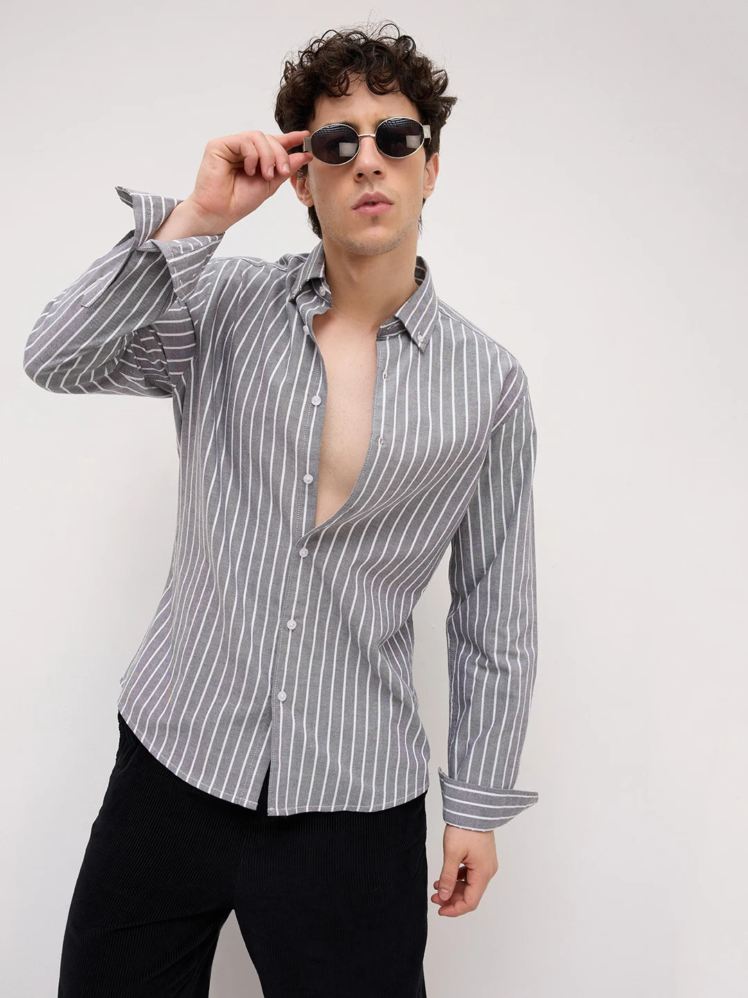 Monochrome Pinstripe Button-Down Collar Oxford Shirt