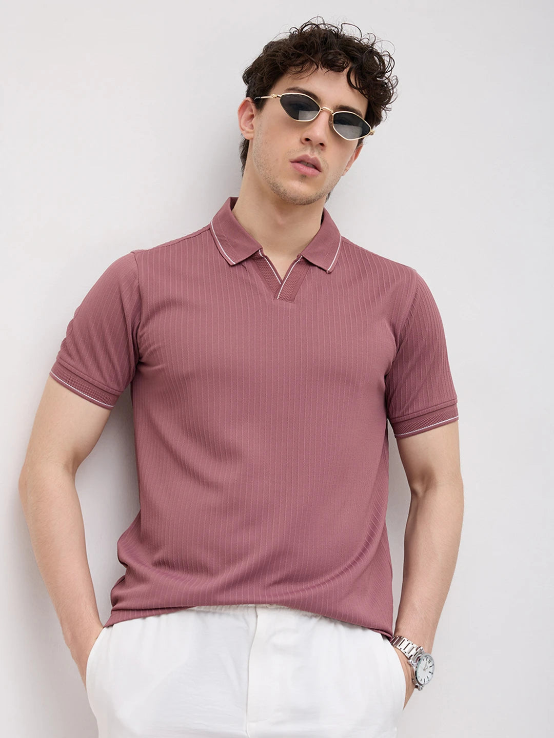 Rosewood Rib Striped Weave Polo Tee