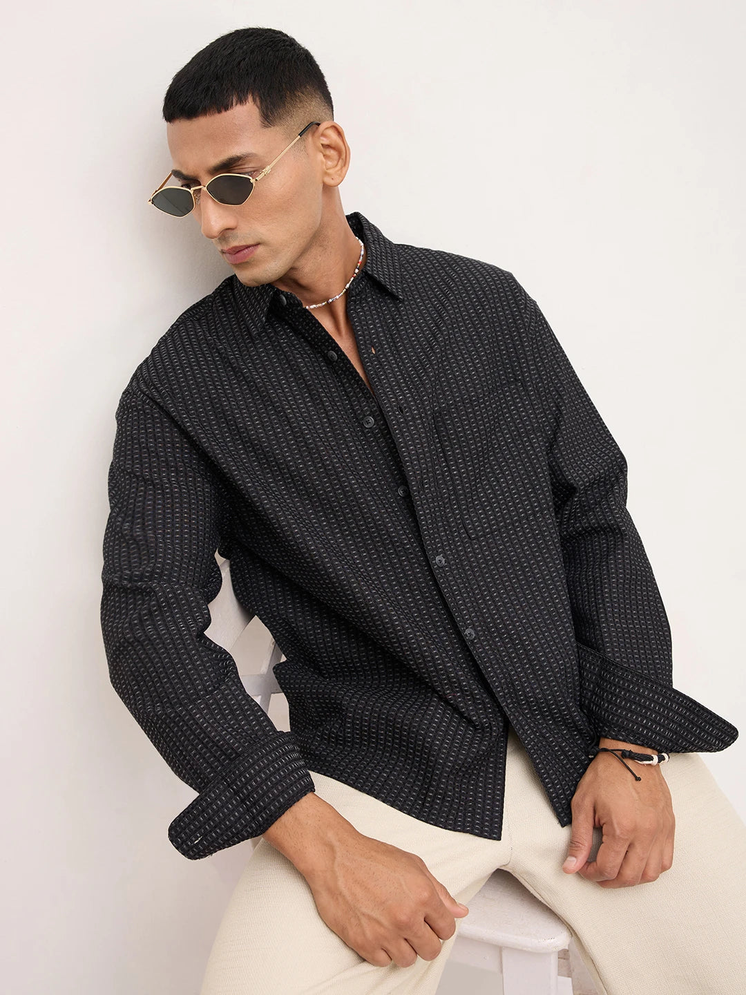 Denim Black Windowpane Textured Boxy Fit Crop Shirt