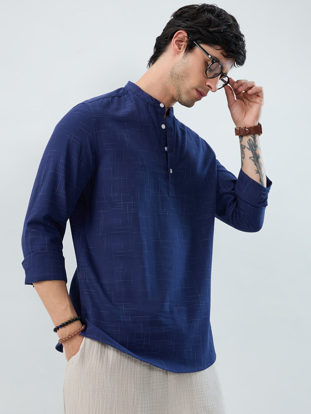 Minimal Night Blue Line Weave Kurta