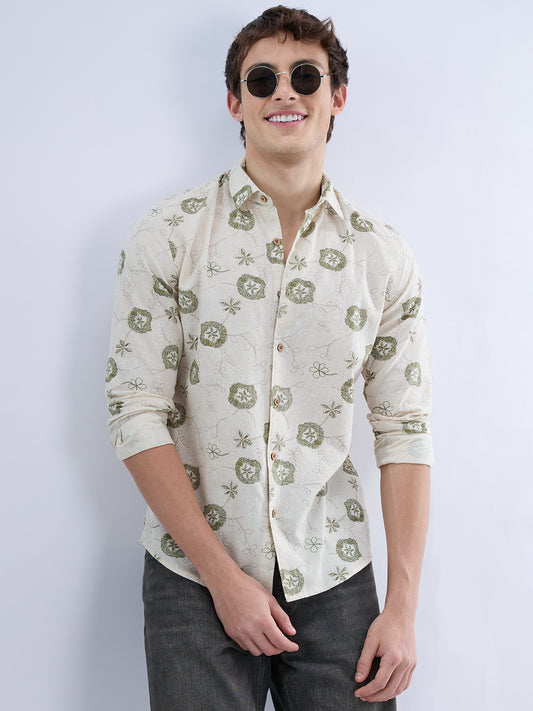 Elegant Warm Beige & Green Embroidered Linen Blend Statement Shirt