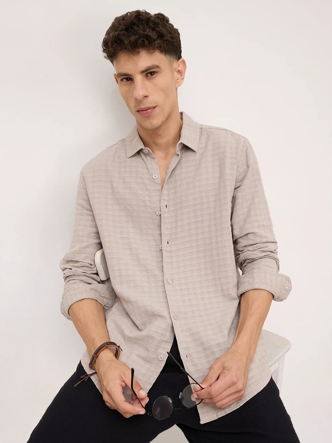 Grey Horizontal Striped Textured Shirt