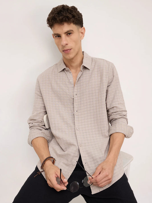 Grey Horizontal Striped Textured Shirt