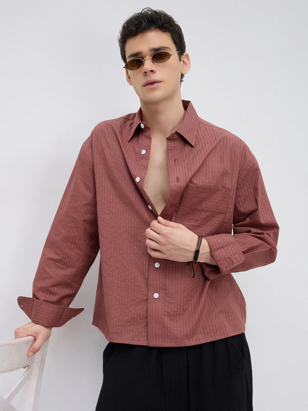 Brick Red Pinstriped Boxy Fit Crop Shirt