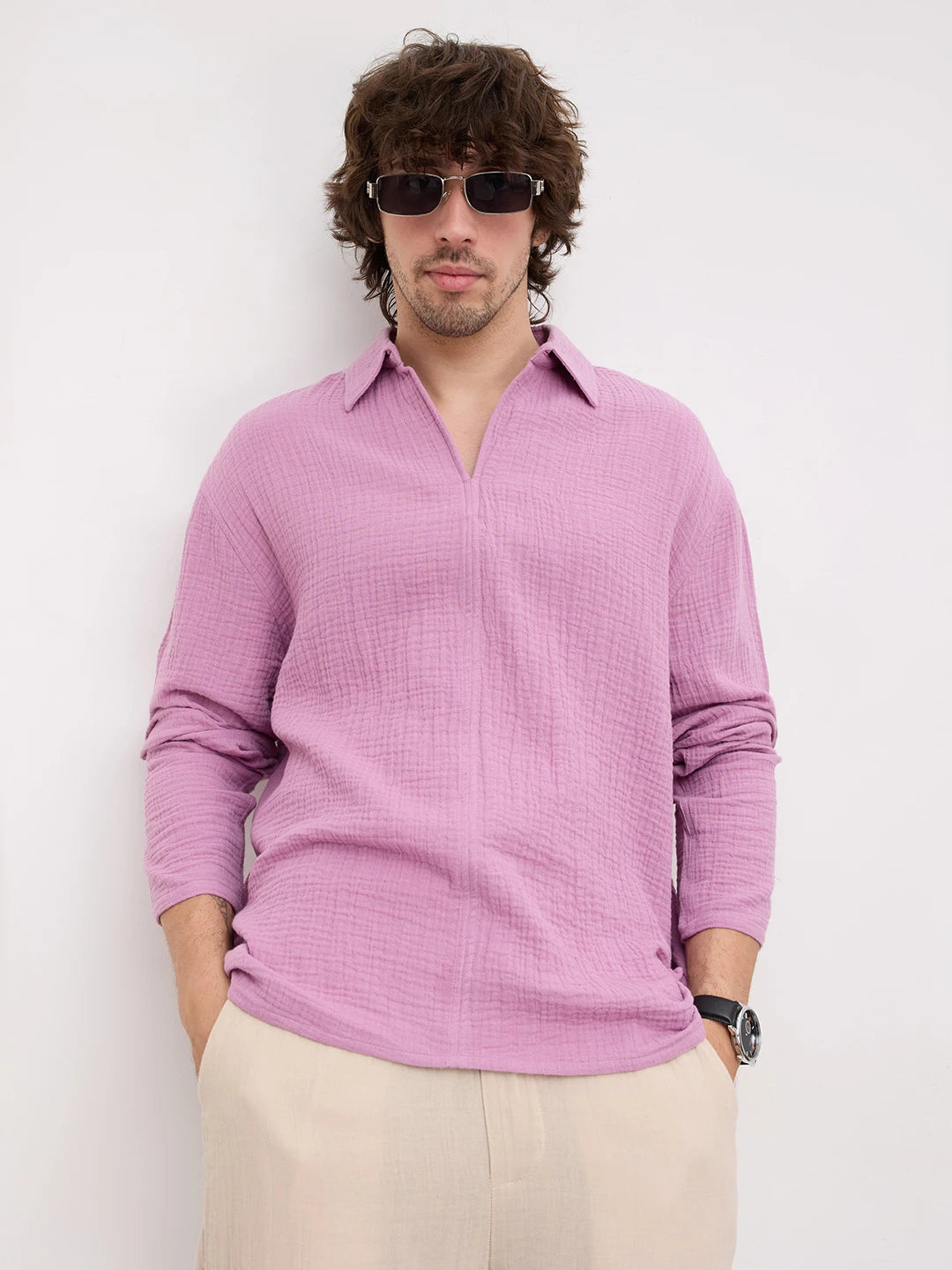 Deep Lilac Double Cloth Center Seam Oversized Polo Shirt