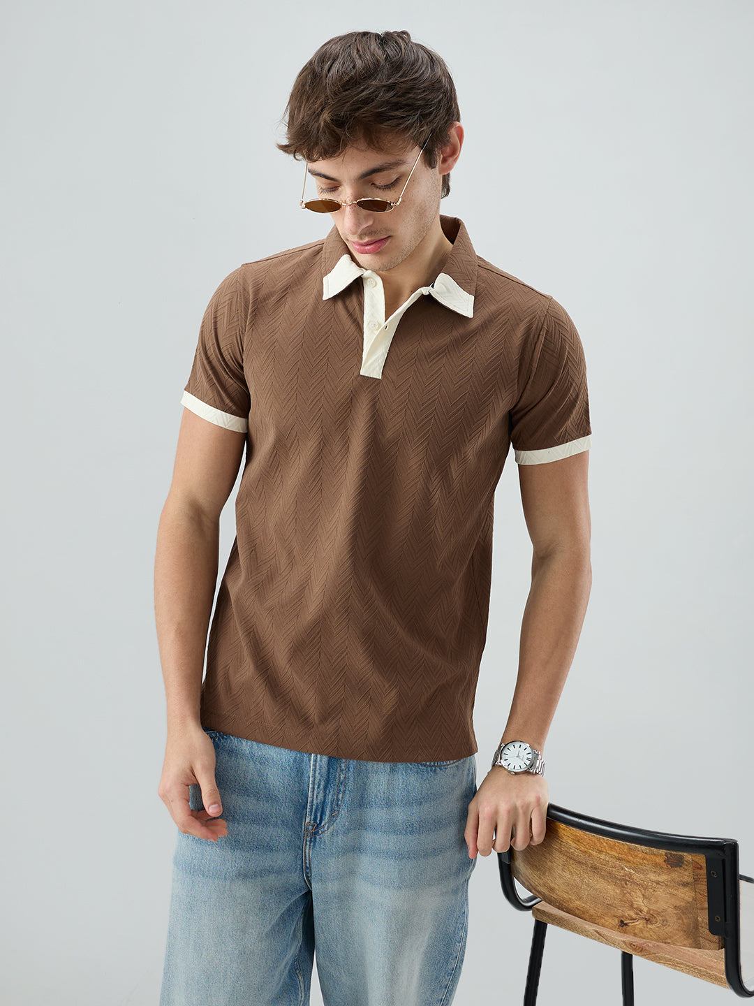 Brown Chevron Contrast Knit Polo Neck T-shirt