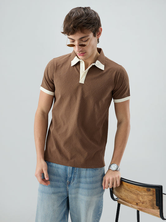 Brown Chevron Contrast Knit Polo Neck T-shirt