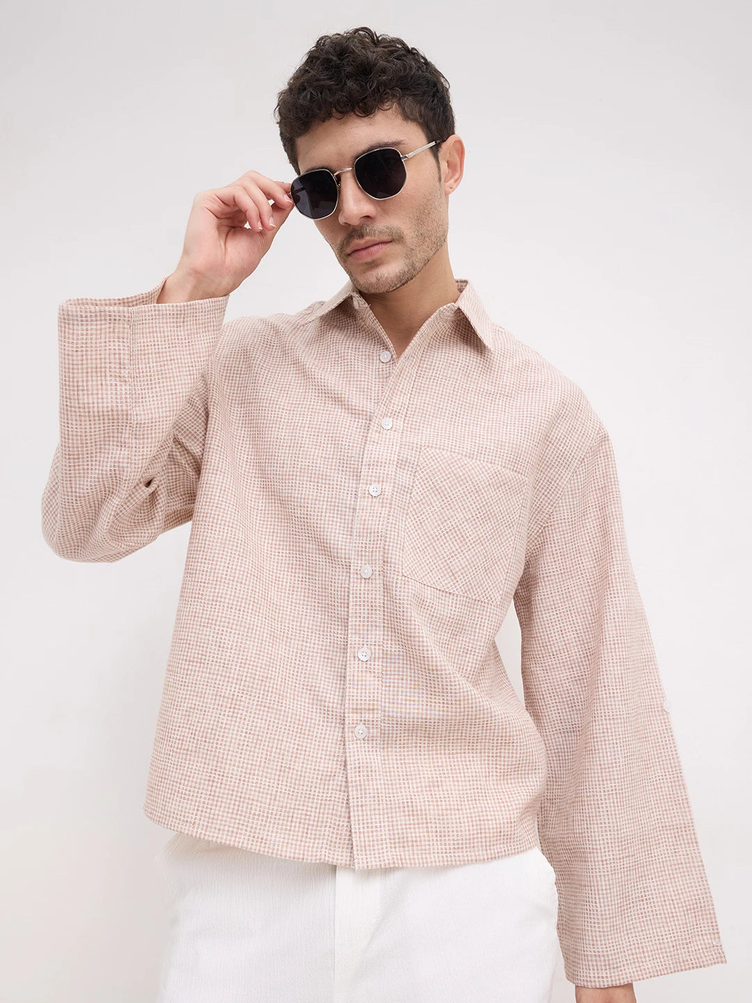 Vintage Brick Brown Openweave Micro Checks Cuffless Oversized Crop Shirt