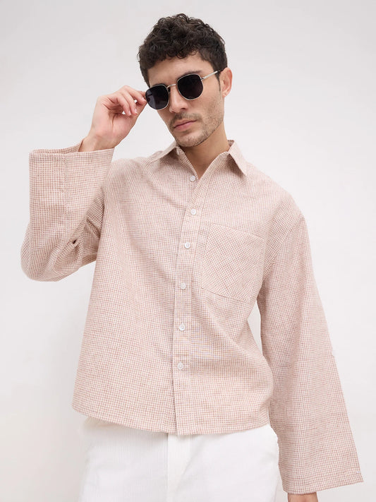 Vintage Brick Brown Openweave Micro Checks Cuffless Oversized Crop Shirt