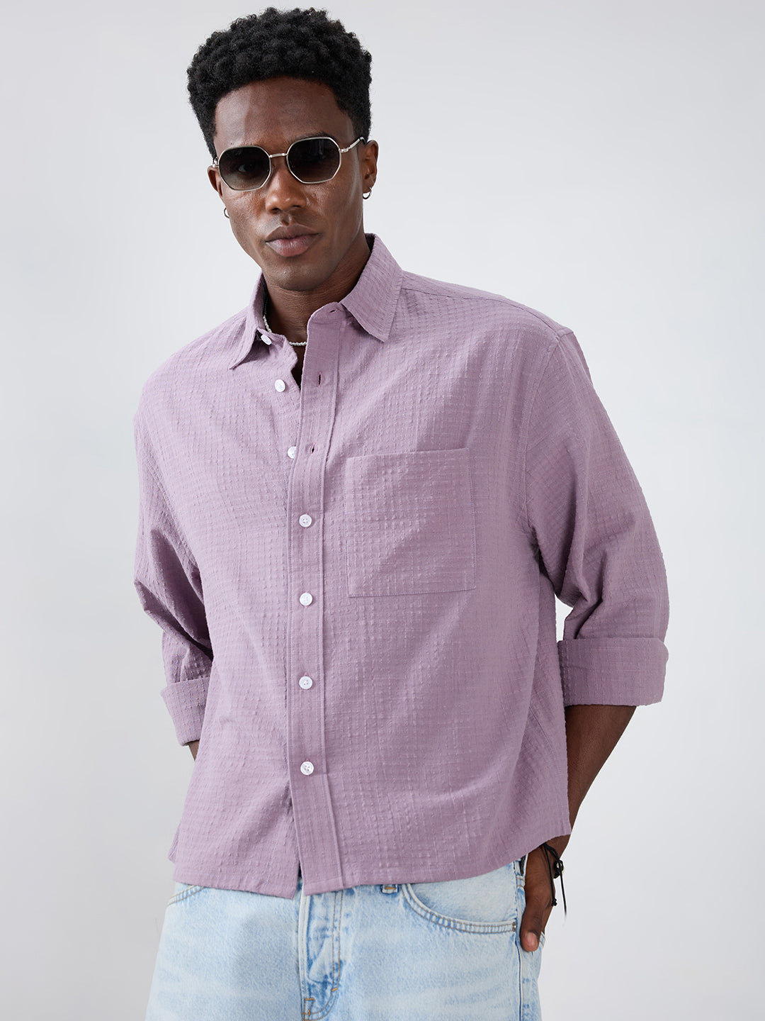 Soft Mauve Micro Grid Jacquard Weave Boxy Fit Crop Shirt
