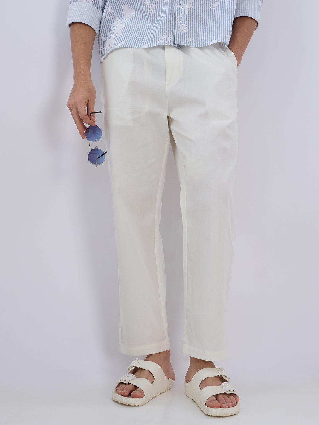 Solid Pastel Cream Tapered Trousers