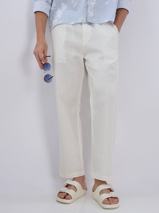 Solid Pastel Cream Tapered Trousers