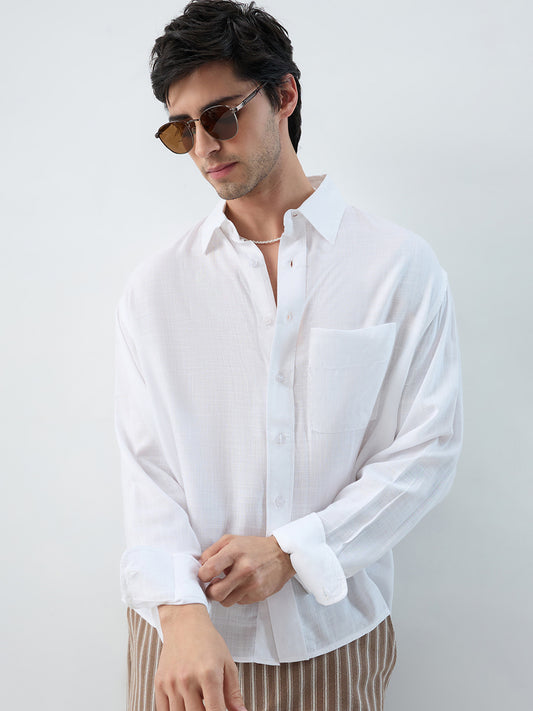 Sheer White Fine Weave Boxy Fit Crop Shirt