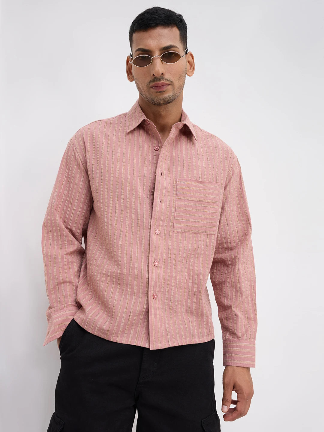Georgia Peach Fine Seersucker Striped Boxy Fit Crop Shirt