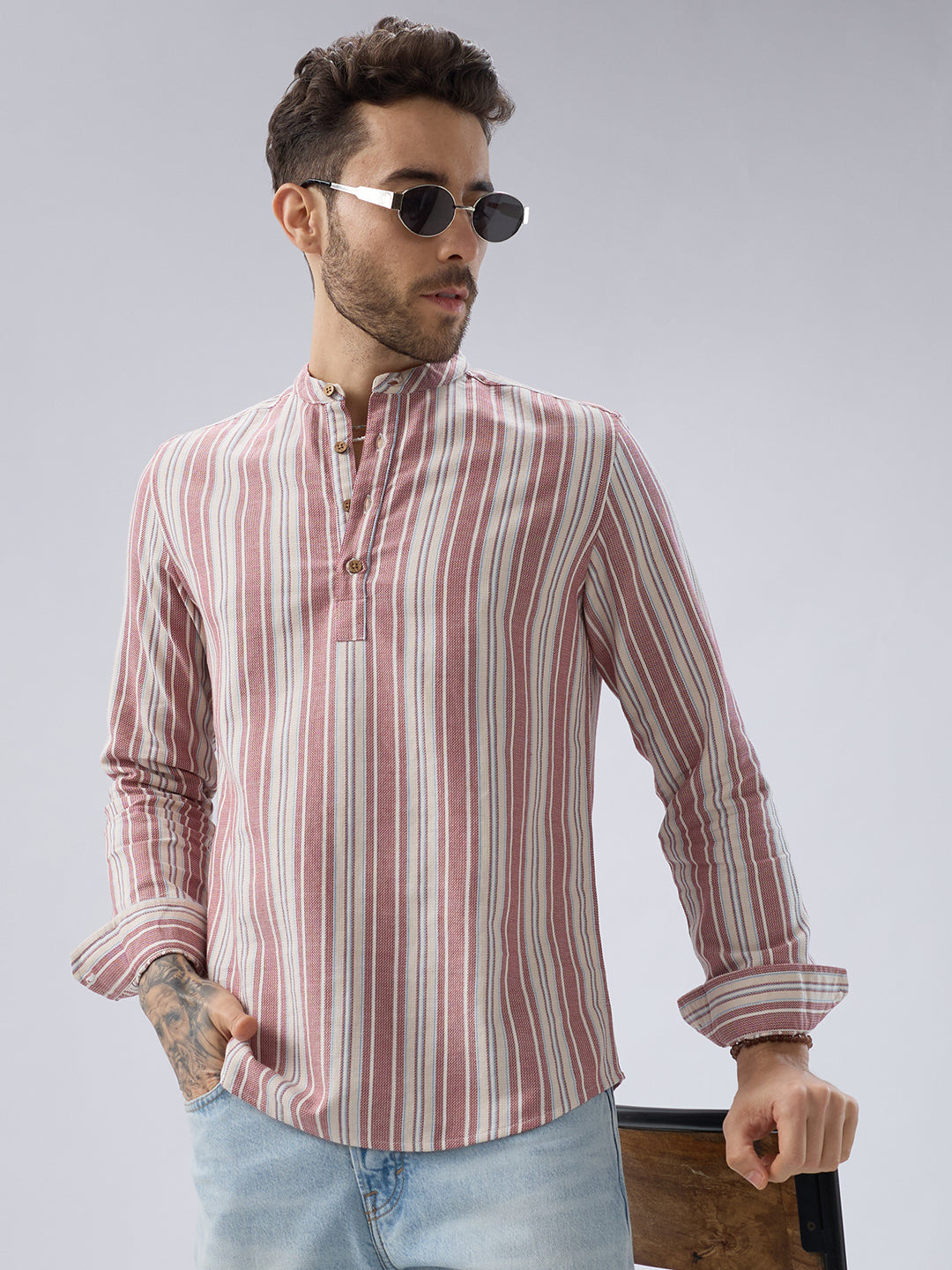 Refined Berry Red Retro Striped Kurta