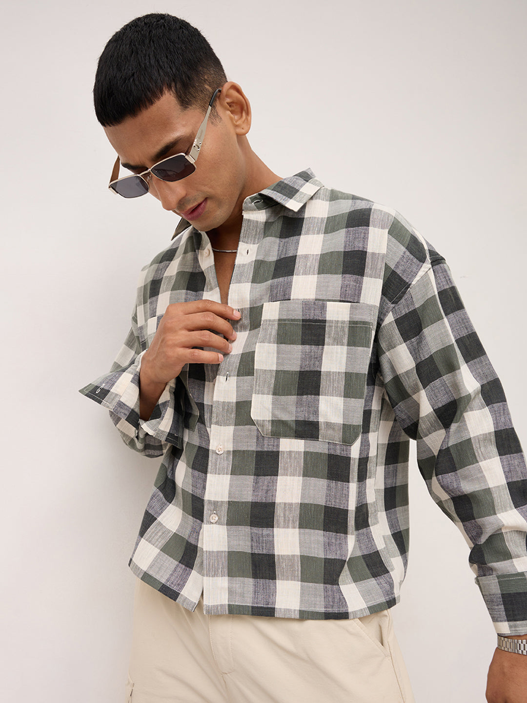 Distinguished Olive Block Checks Twin Pocket Boxy Fit Crop Shirt