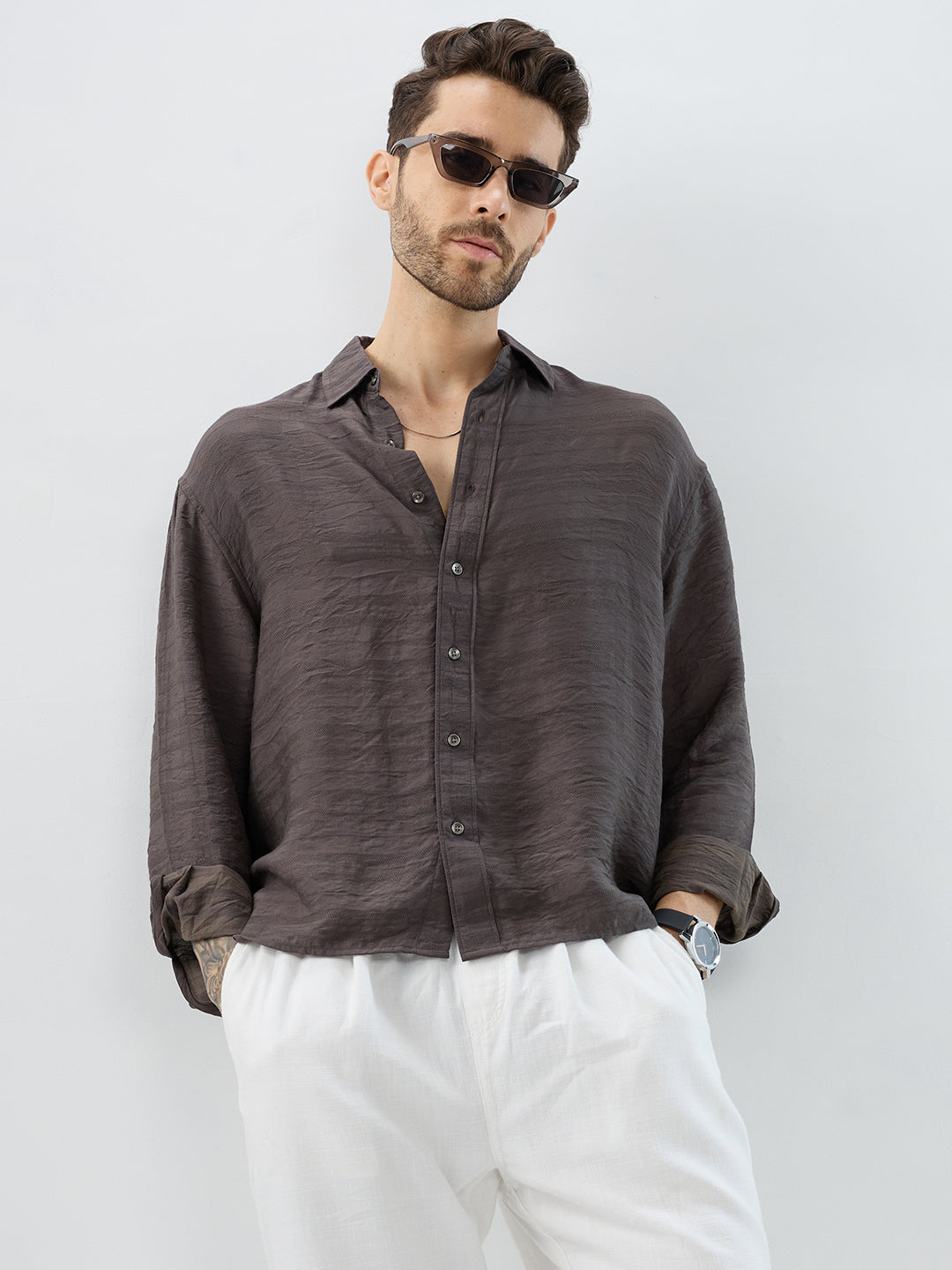 Rustic Brown Horizontal Textured Boxy Fit Crop Shirt