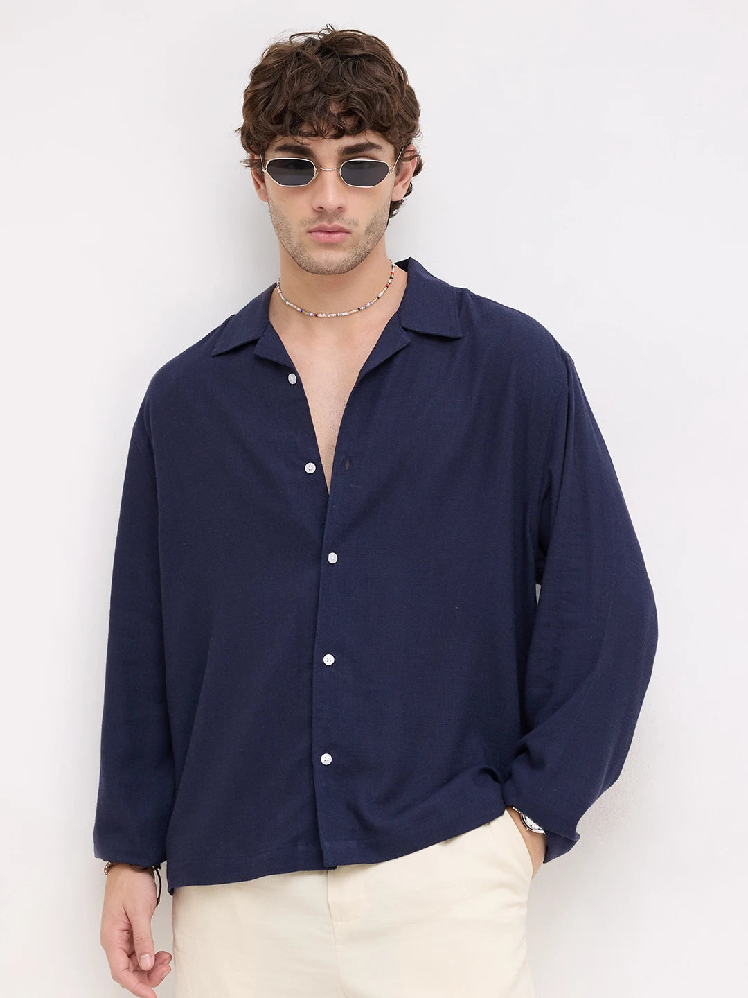 Luxe Navy Fine Textured Linen Blend Notch Collar Oversized Shirt