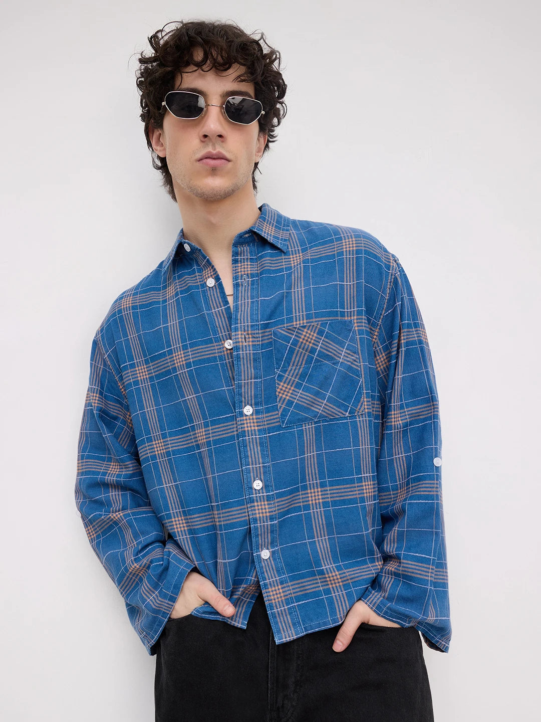 Denim Contrast Square Checks Cuffless Oversized Crop Shirt